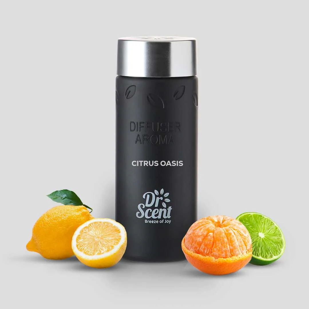 170ml bottle of Dr Scent Citrus Oasis aroma oil, clear glass, waterless diffuser scent