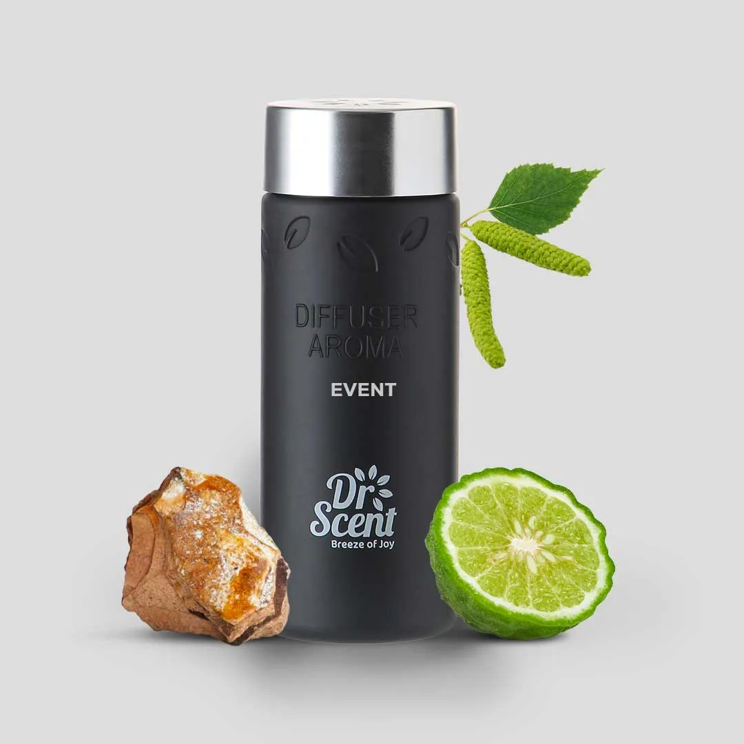 Dr Scent Event Aroma Oil 170ml bottle with Bergamot, Birch, and Ambergris scent notes.
